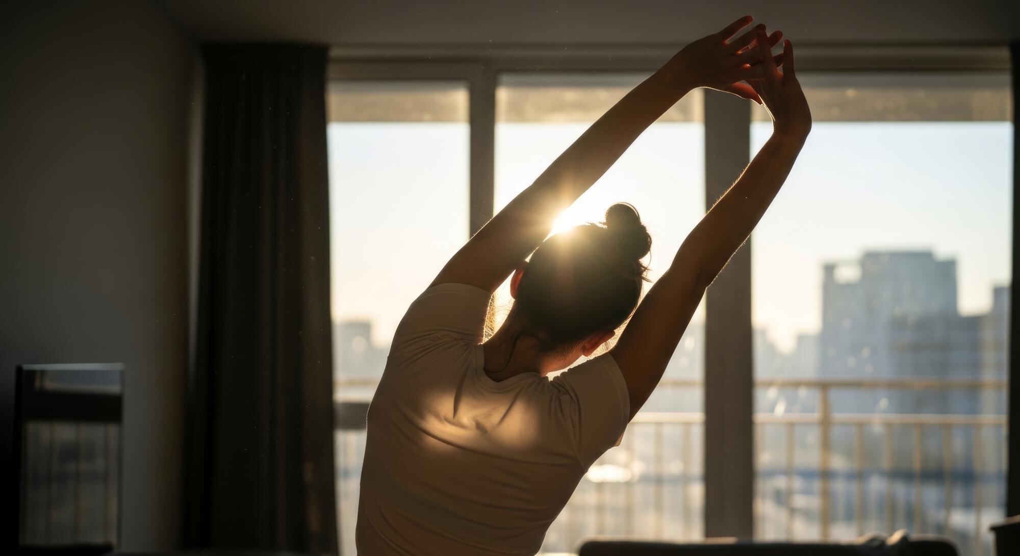 Person stretching outdoors in the morning light